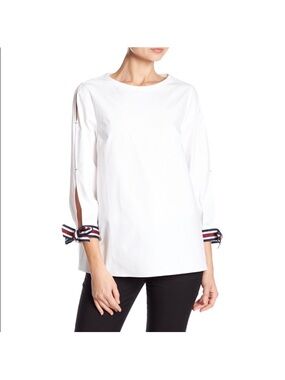Ted Baker L (4) BIJU White Split Sleeve Colorblock Navy Blue Burgundy White Tie